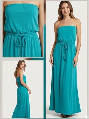 Strapless Drawstring Maxi Dress - Teal Xs S